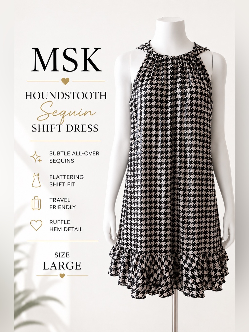 MSK Black & Ivory Houndstooth Sequin Shift Dress Size Large